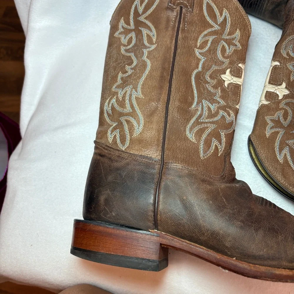Tony Lama Brown Leather Cross Square Toe Cowboy Boots TC1002L 8B